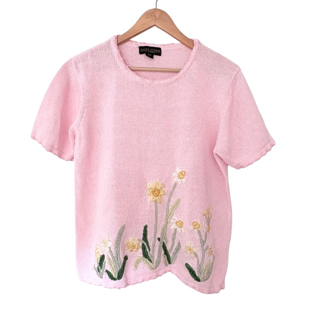 Vtg Pink Daisy Embroidered Sweater Large Cottage Granny Garden Floral Prairie